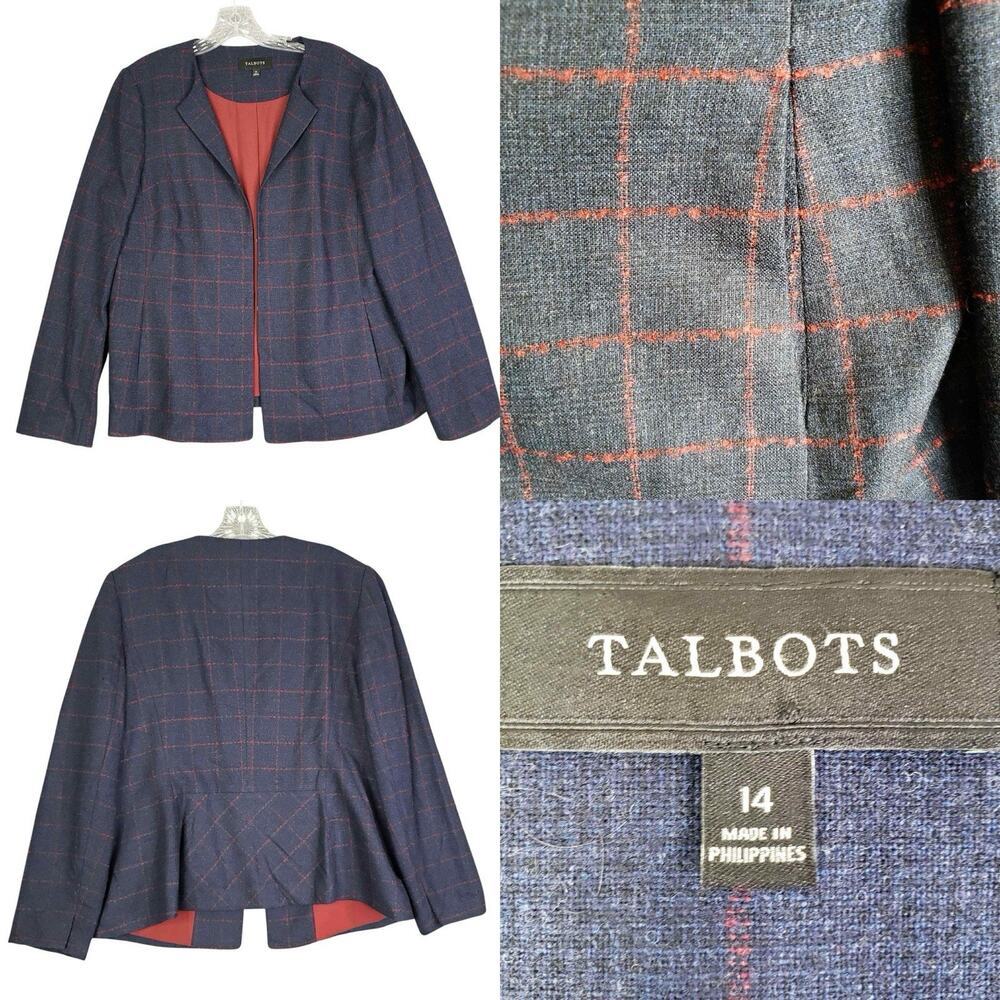 Talbots Blazer Jacket Women’s Size 14 Wool Navy Blue Open Front Window Plaid